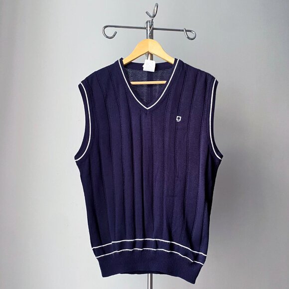 🍂 90s Vintage Navy & Blue White Preppy Knit  V-Neck Sweater Vest - Picture 1 of 6
